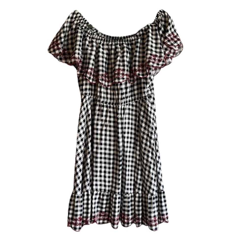 TORRID Off-shoulder Gingham Swing Dress in Black/White w/ Red Trim Size 00 (M/L) - Picture 4 of 11